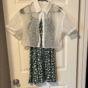 SHEIN White Sheer Layered Green Floral Dress